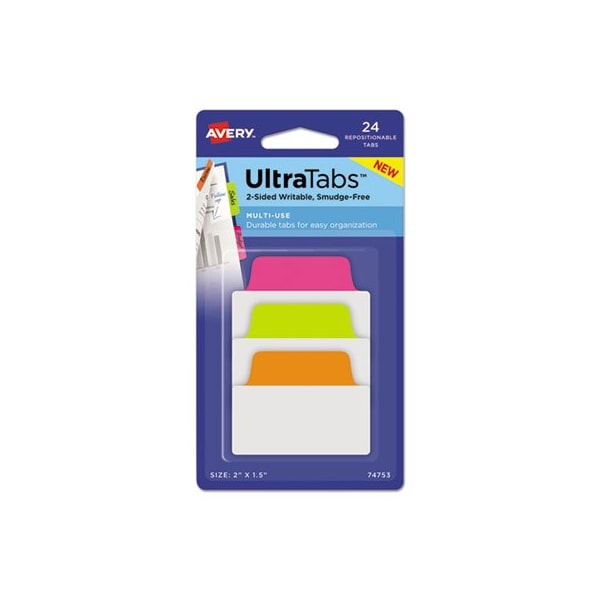 Avery Dennison Avery, ULTRA TABS REPOSITIONABLE STANDARD TABS, 1/5-CUT TABS, ASSORTED NEON, 2in WIDE, 24PK 74753 - main